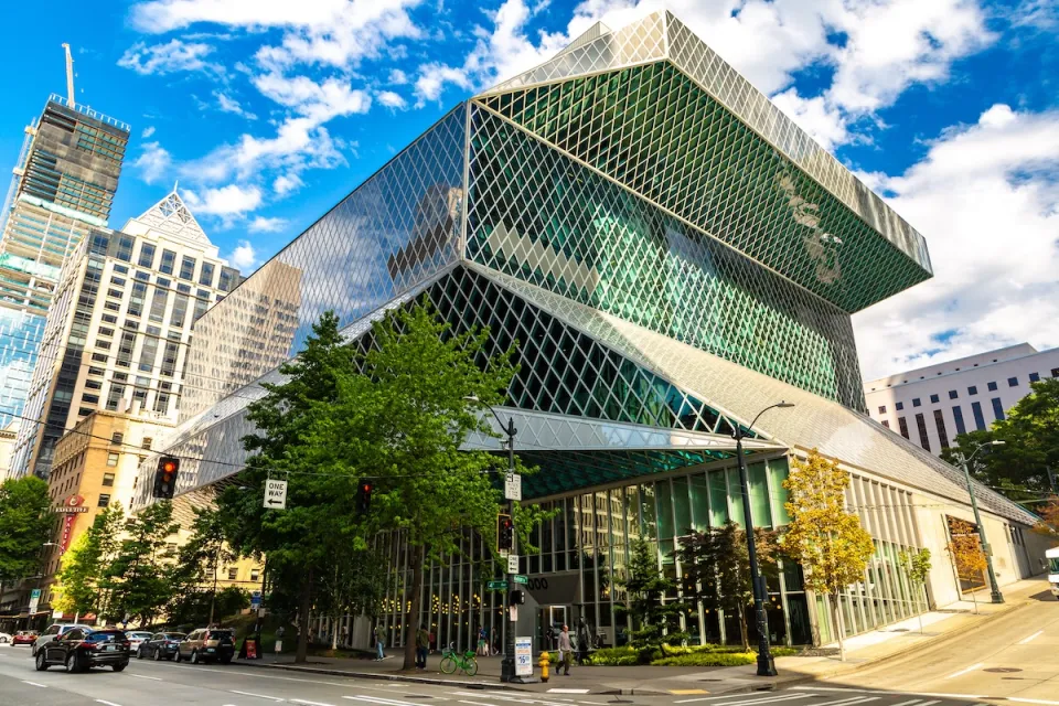 Geometric glass Seattle Public Library building.
